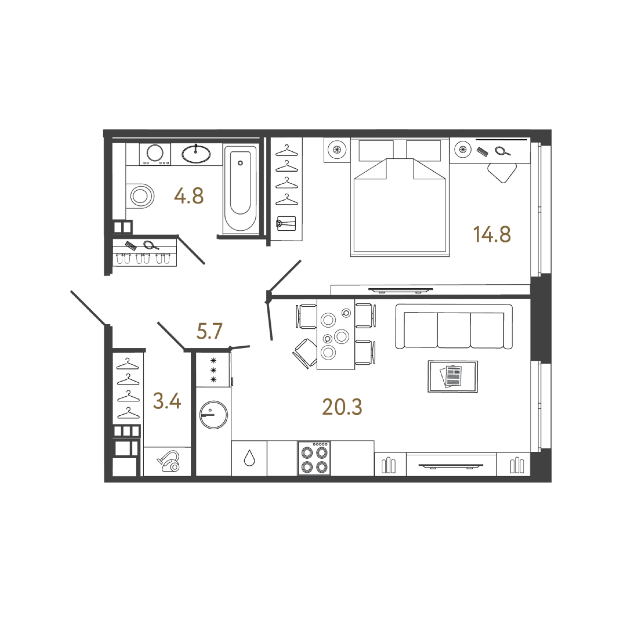 Планировка 1-ком. апартаменты, 46,8 м² в жилом комплексе Репин у Финского залива - Тип планировки: 1-1 с оптимальным зонированием пространства