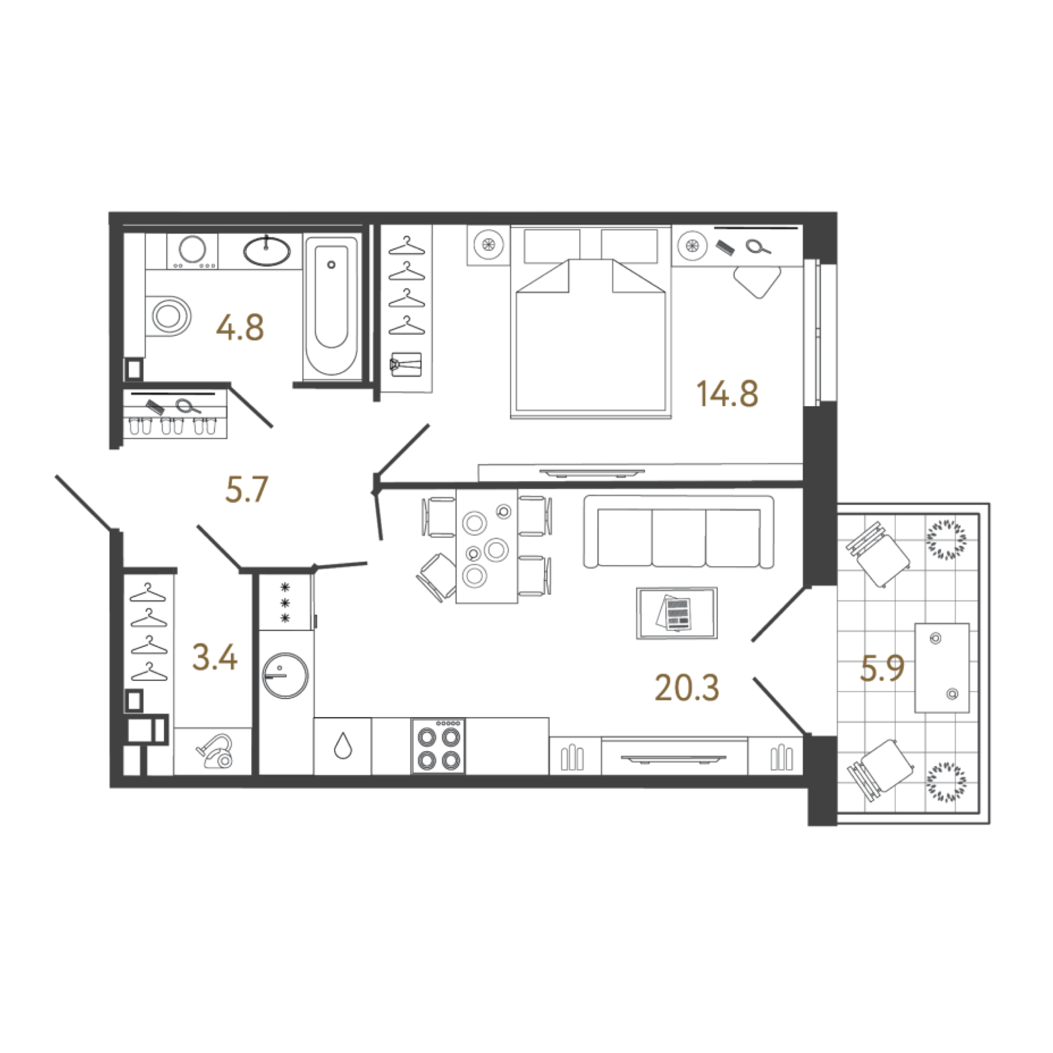 Планировка 1-ком. апартаменты, 49,1 м² в жилом комплексе Репин у Финского залива - Тип планировки: 1-2А* с оптимальным зонированием пространства