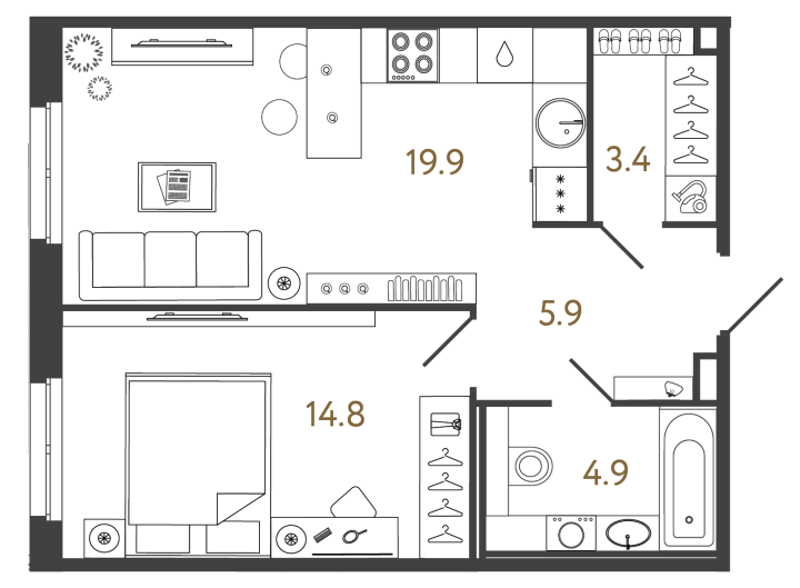 Планировка 1-ком. апартаменты, 48,9 м² на 1 этаже в лаунж-комплексе Репин у Финского залива - 31 334 149 ₽