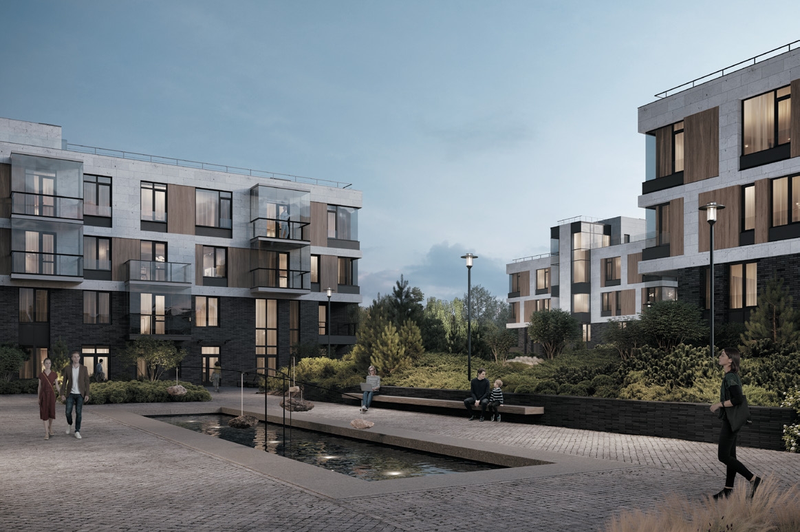 Внутренний двор жилого комплекса Репин с водными элементами - премиальные апартаменты у Финского залива