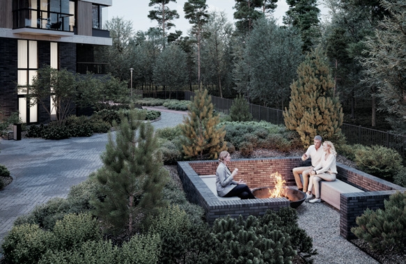 Жилой комплекс Репин - уютная зона отдыха с камином во дворе апартаментов у Финского залива