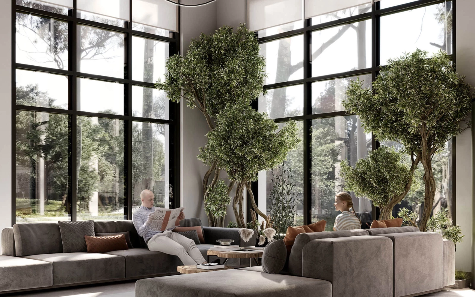 Современная лаунж-зона жилого комплекса Репин у Финского залива с панорамными окнами и зеленью